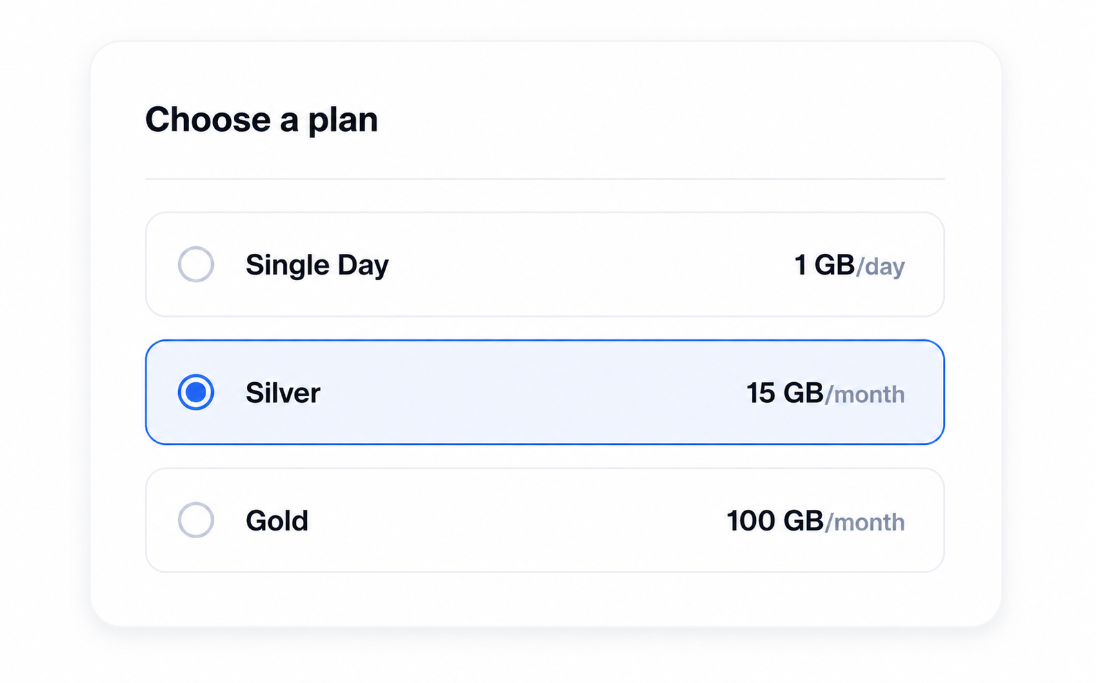 Storage plan selection interface